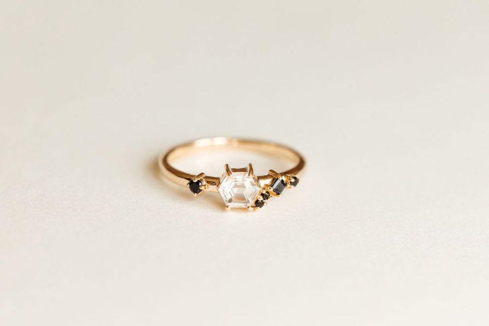 Ring with 5MM Hexagon White Topaz and Created Black Topaz in 10kt Yellow Gold