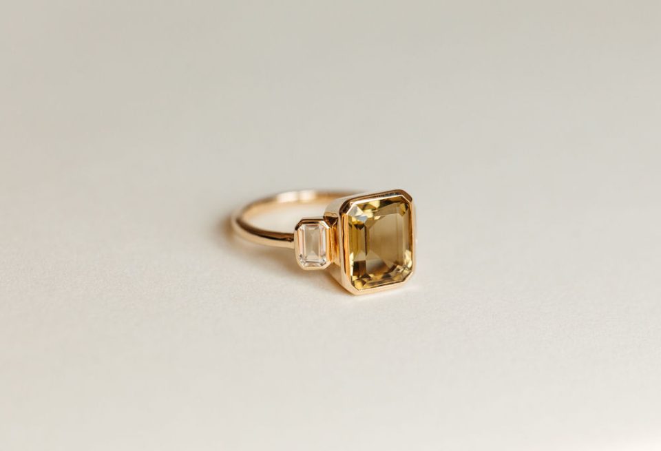 Ring with 10X8MM Octagonal Emerald Cut Olive Green Quartz and White Topaz in 10kt Yellow Gold