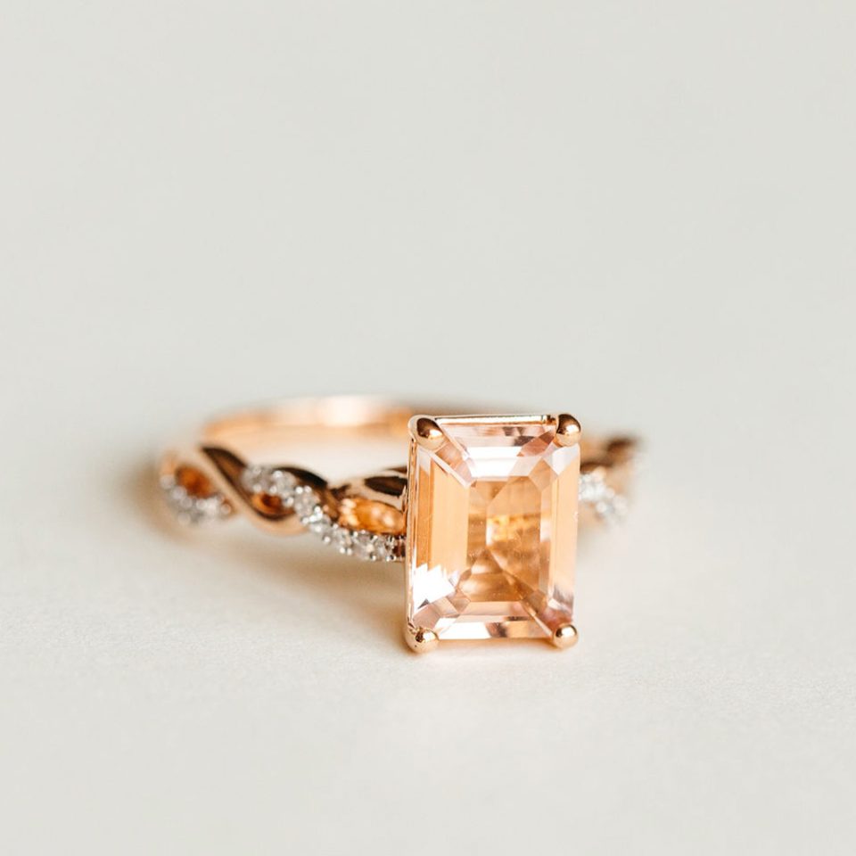 Ring With 9X7MM Emerald Cut Morganite And .12 Carat TW Of Diamonds In 14kt Rose Gold