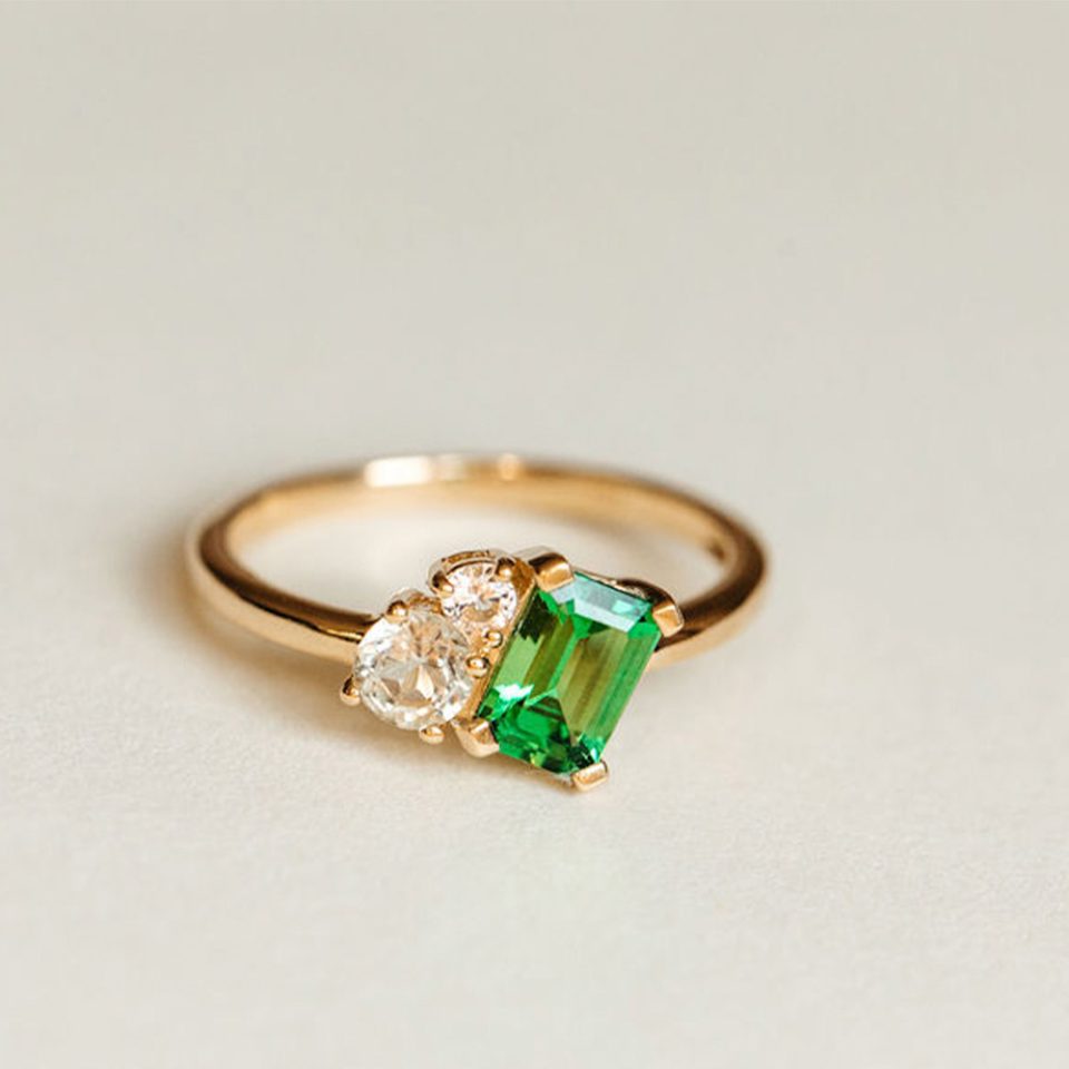 Ring With 7X5MM Emerald Cut Green Garnet, Green Amethyst And White Topaz In 10kt Yellow Gold