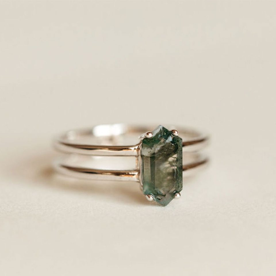 Ring With 10X5MM Elongated Hexagon Moss Agate In 10kt White Gold