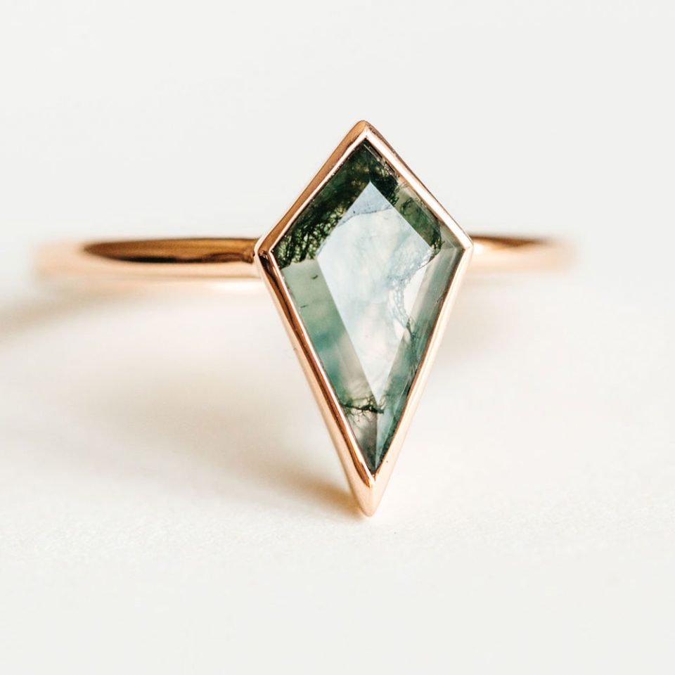 Ring With 12X7MM Kite Shape Moss Agate In 10kt Rose Gold