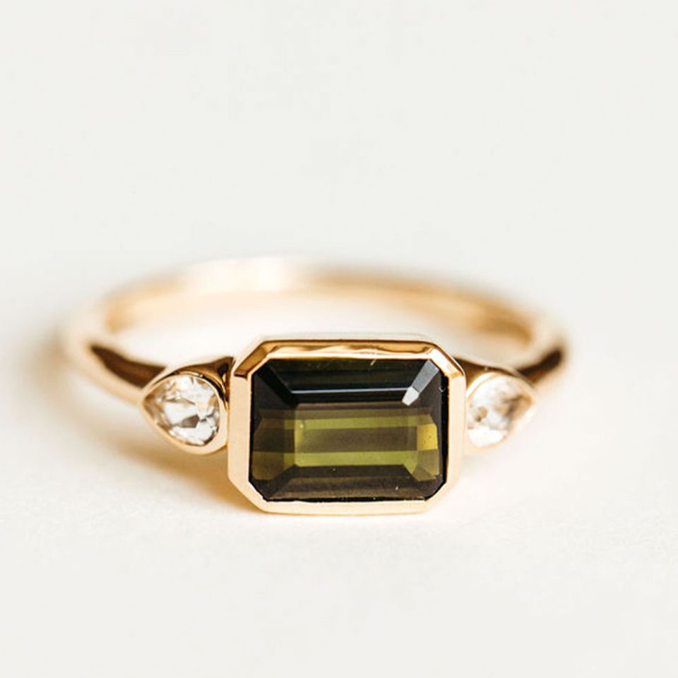 Ring With 8X5MM Emerald Cut Green Tourmaline And White Topaz In 10kt Yellow Gold