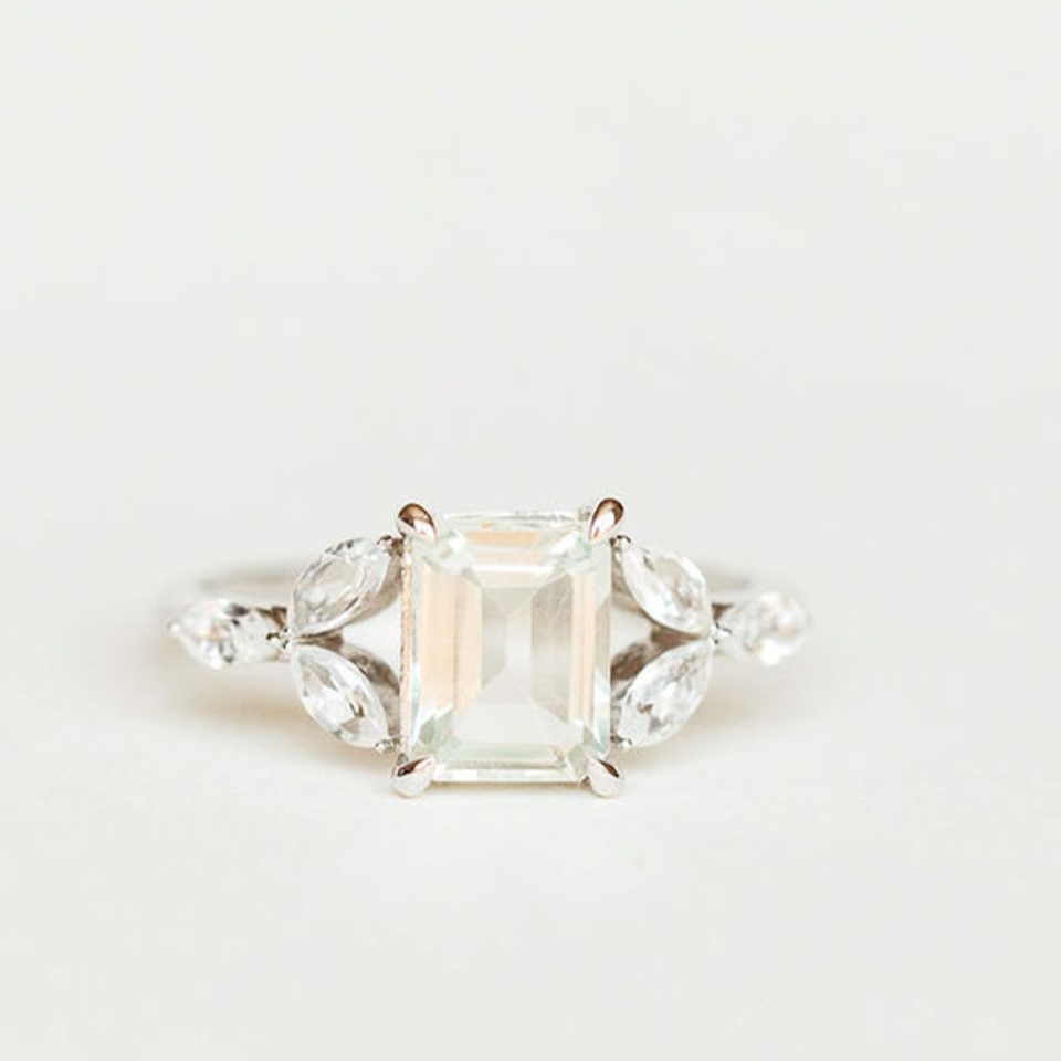 Ring With 8X6MM Emerald Cut Green Amethyst And White Topaz In 14kt White Gold