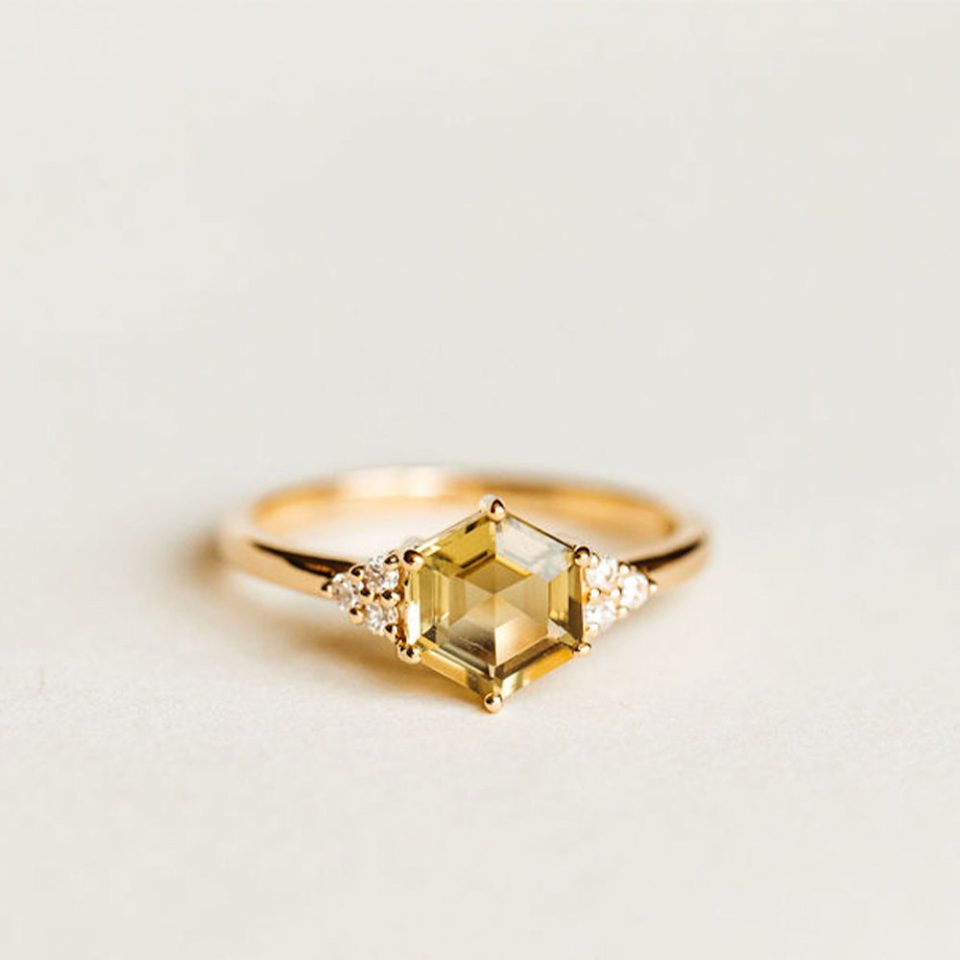 Ring With 7MM Hexagon Olive Green Quartz And .09 Carat TW Of Diamonds In 10kt Yellow Gold