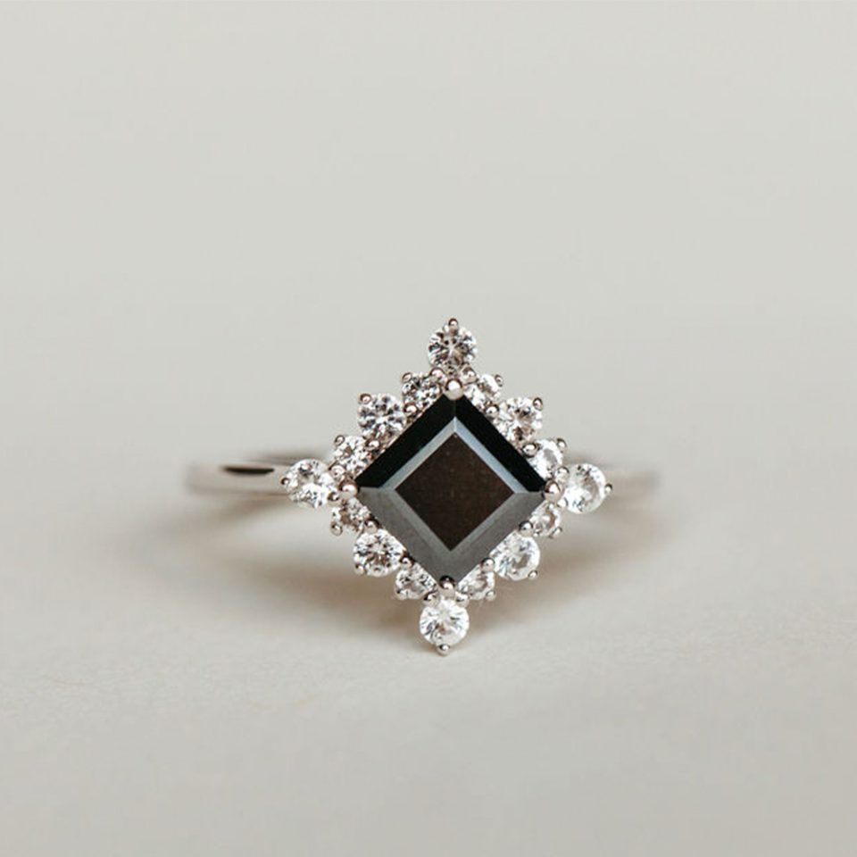 Ring With 6MM Square Cut Hematite And White Topaz In 10kt White Gold