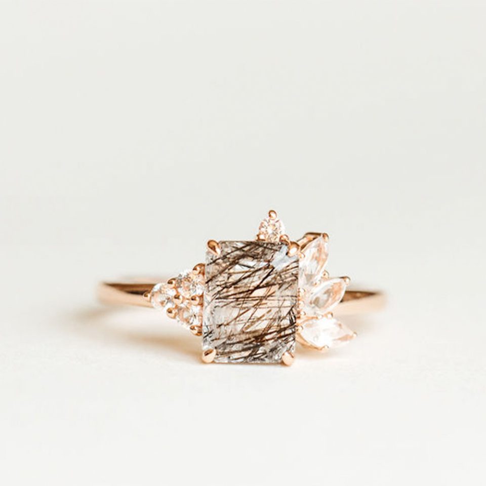 Ring With 8X6MM Emerald Cut Rutilated Quartz And White Topaz In 14kt Rose Gold