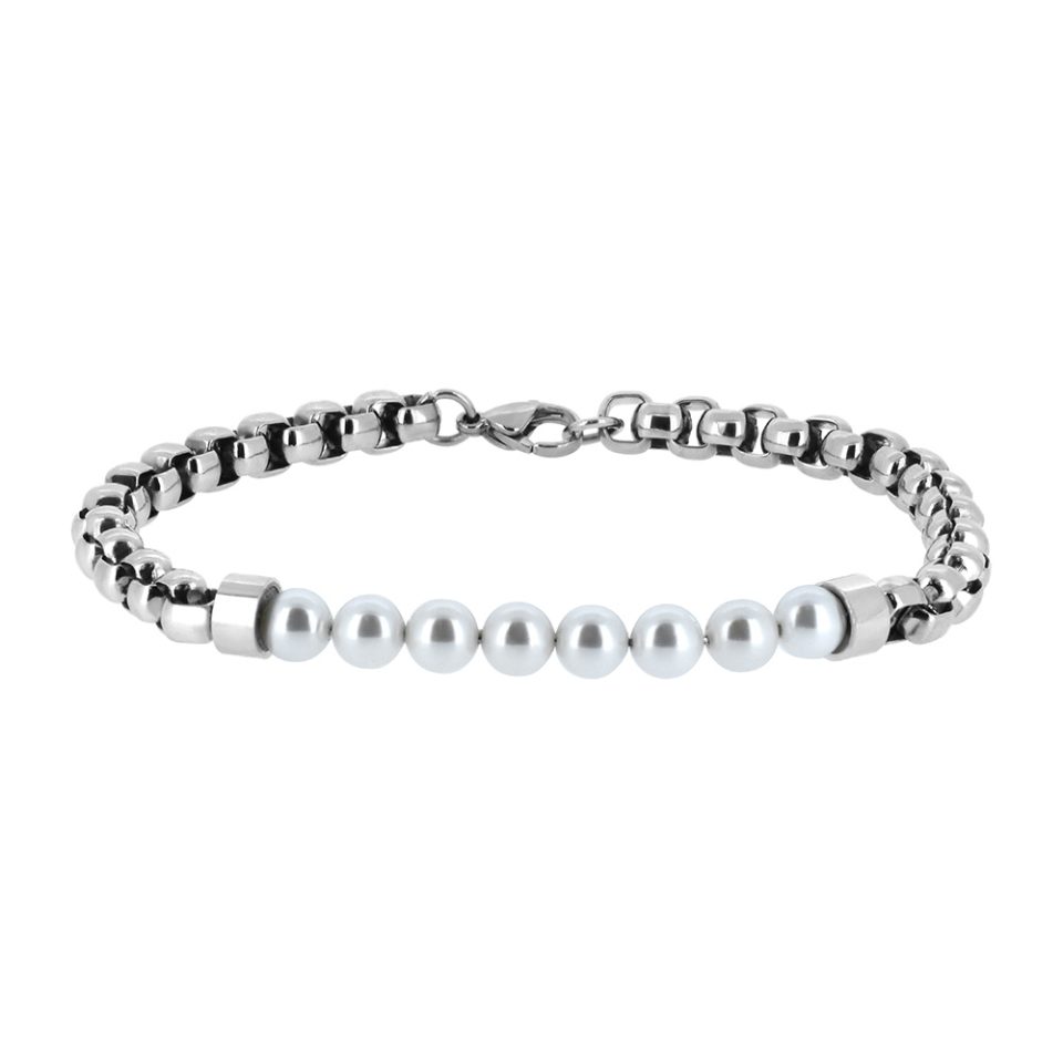Men's Stainless Steel and 6MM White Synthetic Pearls Bracelet