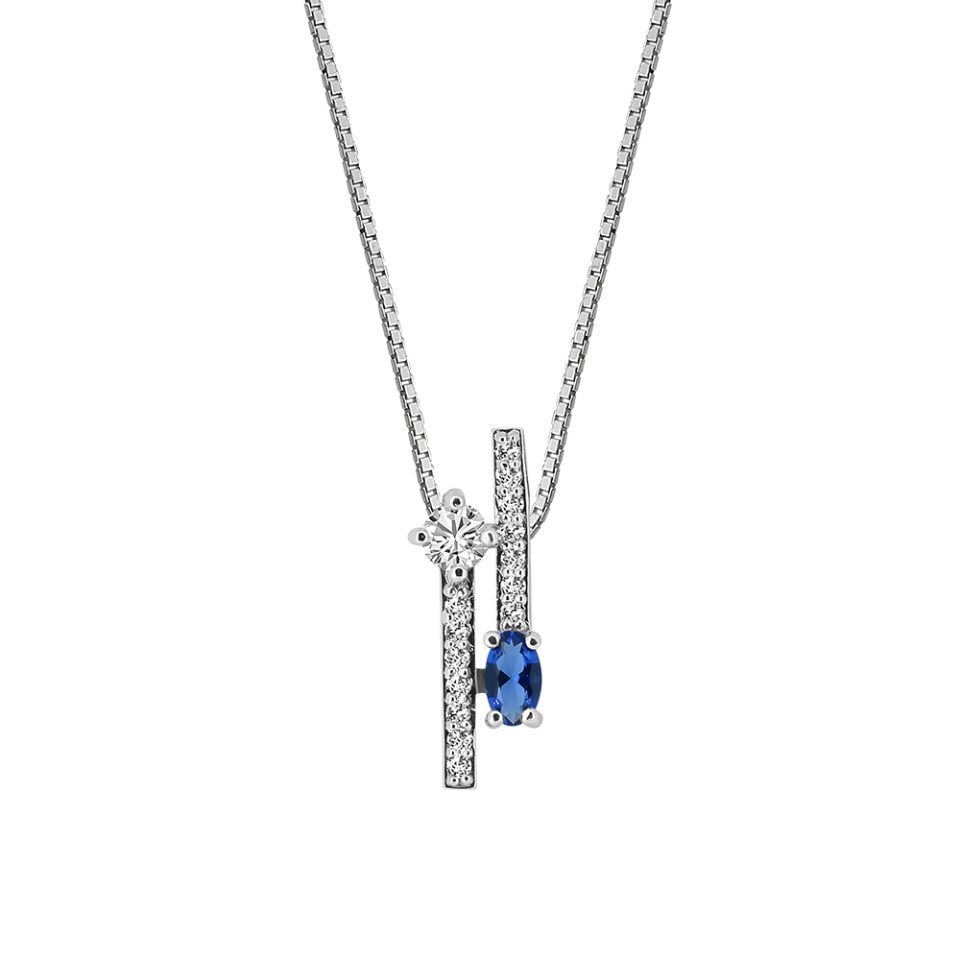 Created Blue Sapphire and Cubic Zirconia Bar Pendant in Silver with Chain