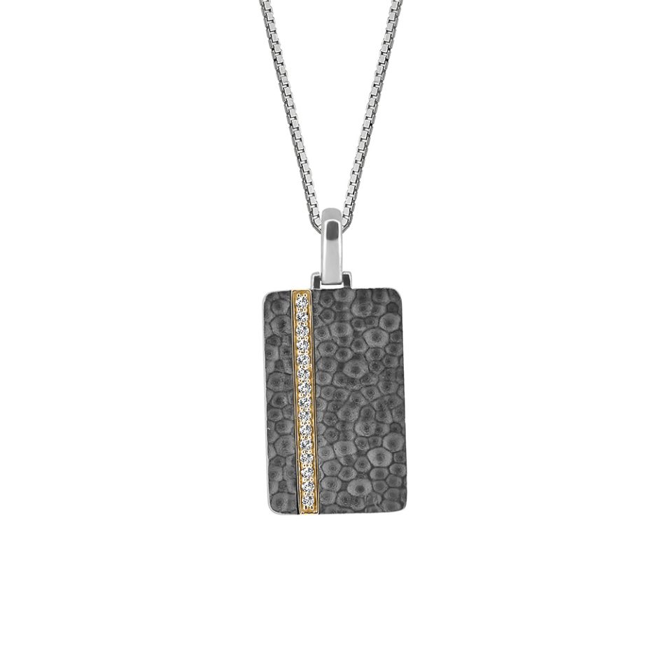 Dog Tag Pendant with .20 Carat TW Diamonds in Silver an 10kt Yellow Gold with Chain