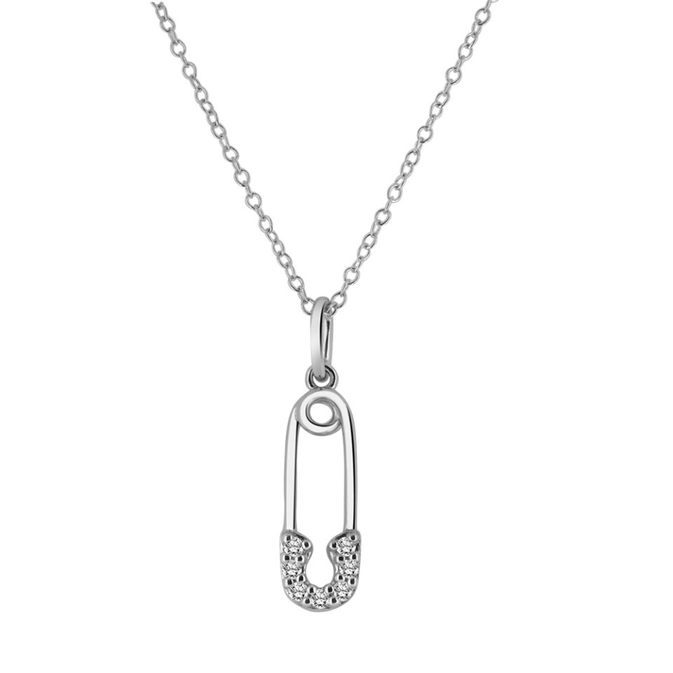 Cubic Zirconia Safety Pin Pendant with Chain in Sterling Silver