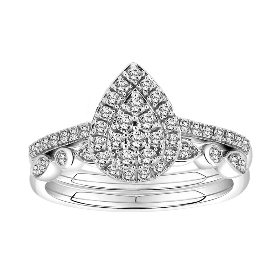 Halo Pear Shape Wedding Engagement Ring Set with .50 Carat TW Diamonds in 10kt White Gold