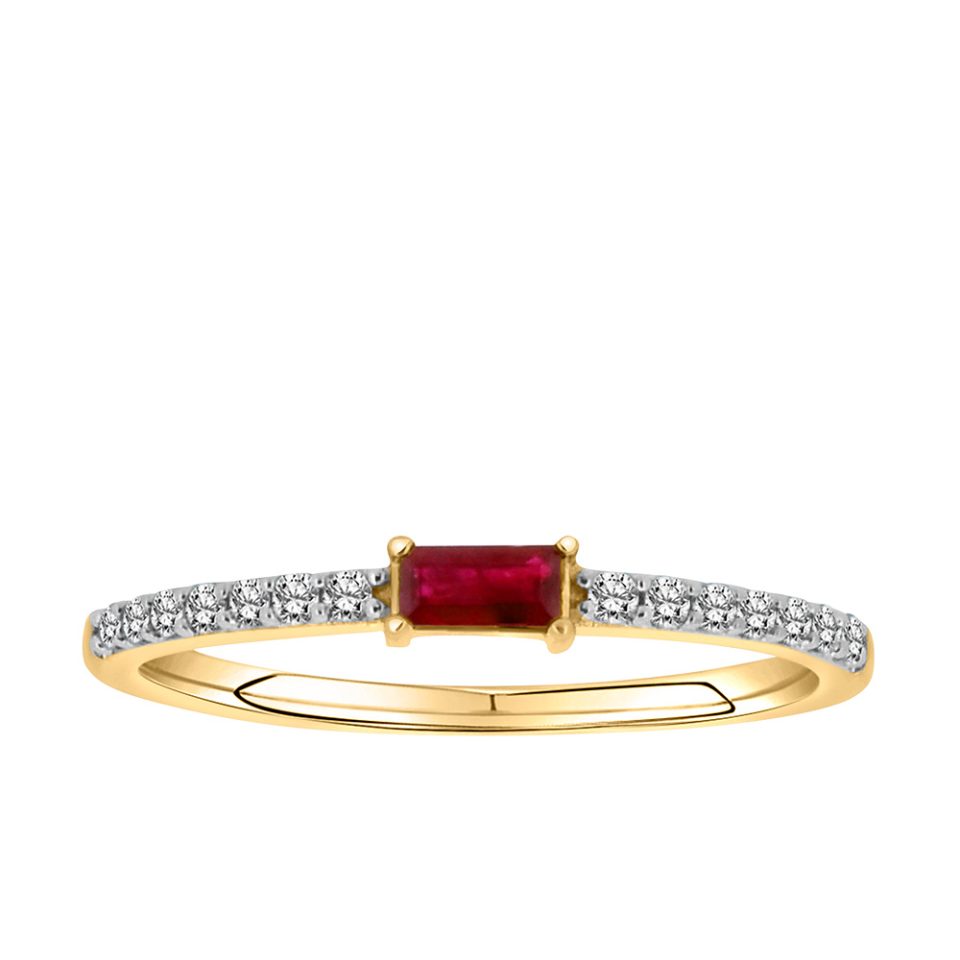 4 X 2MM Emerald Cut Ruby with .15 Carat TW Diamond Ring in 10kt Yellow Gold