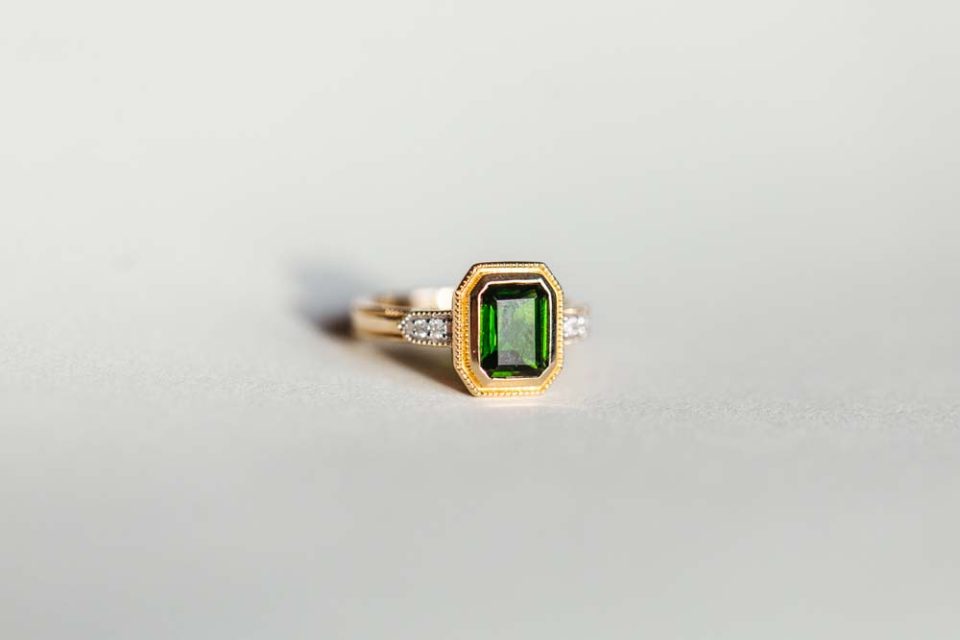 Ring with 7X5MM Octagonal Green Tourmaline and .05 Carat TW of Diamonds in 14kt Yellow Gold