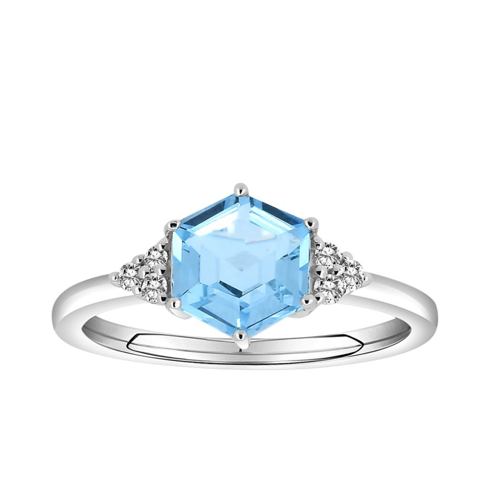 Hexagon Shaped 7MM Sly Blue Topaz with .09 Carat TW Diamonds Ring in 10kt White Gold