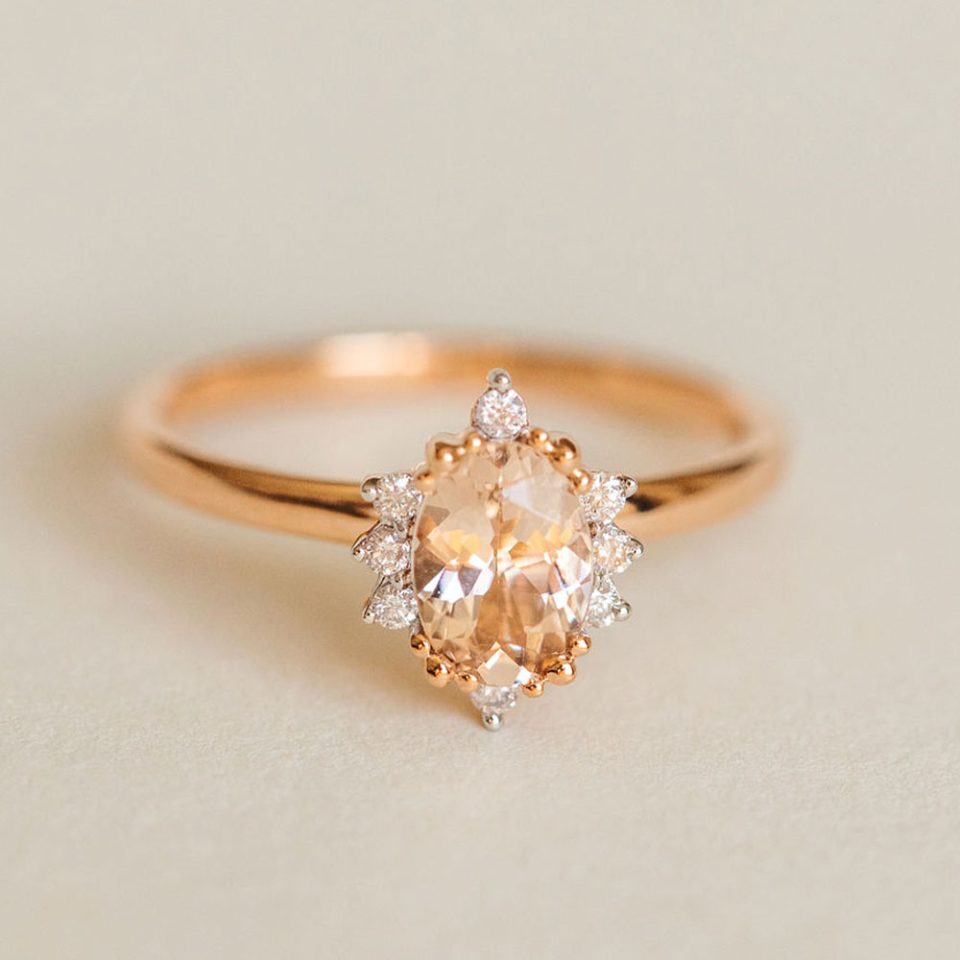 Ring With 7X5MM Morganite And .08 Carat TW Of Diamonds In 14kt Rose Gold