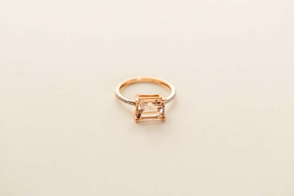 Ring with 9X7MM Emerald Cut Morganite and .12 Carat TW of Diamonds in 14kt Rose Gold