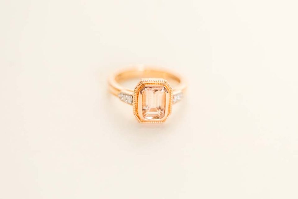 Ring with 7X5MM Octagonal Emerald Cut Morganite and .05 Carat TW of Diamonds in 14kt Rose Gold