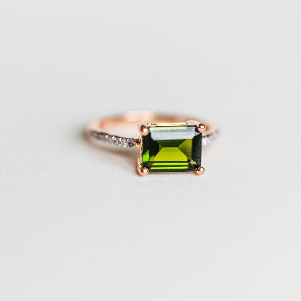 Ring with 9X7MM Emerald Cut Green Tourmaline and .12 Carat TW of Diamonds in 14kt Rose Gold
