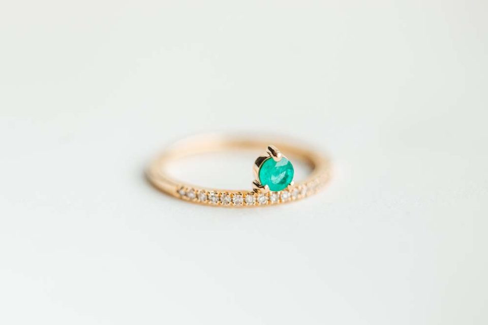 Ring with 3.8MM Round Emerald and .12 Carat TW of Diamonds in 14kt Yellow Gold