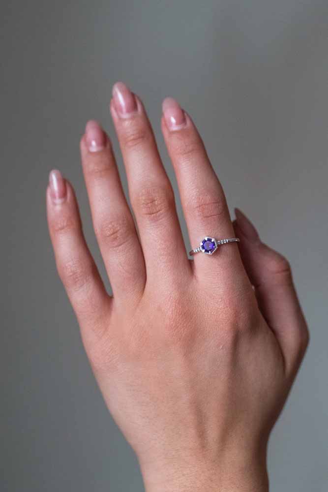 Ring with 5MM Round Amethyst and .03 Carat TW of Diamonds in 10kt White Gold