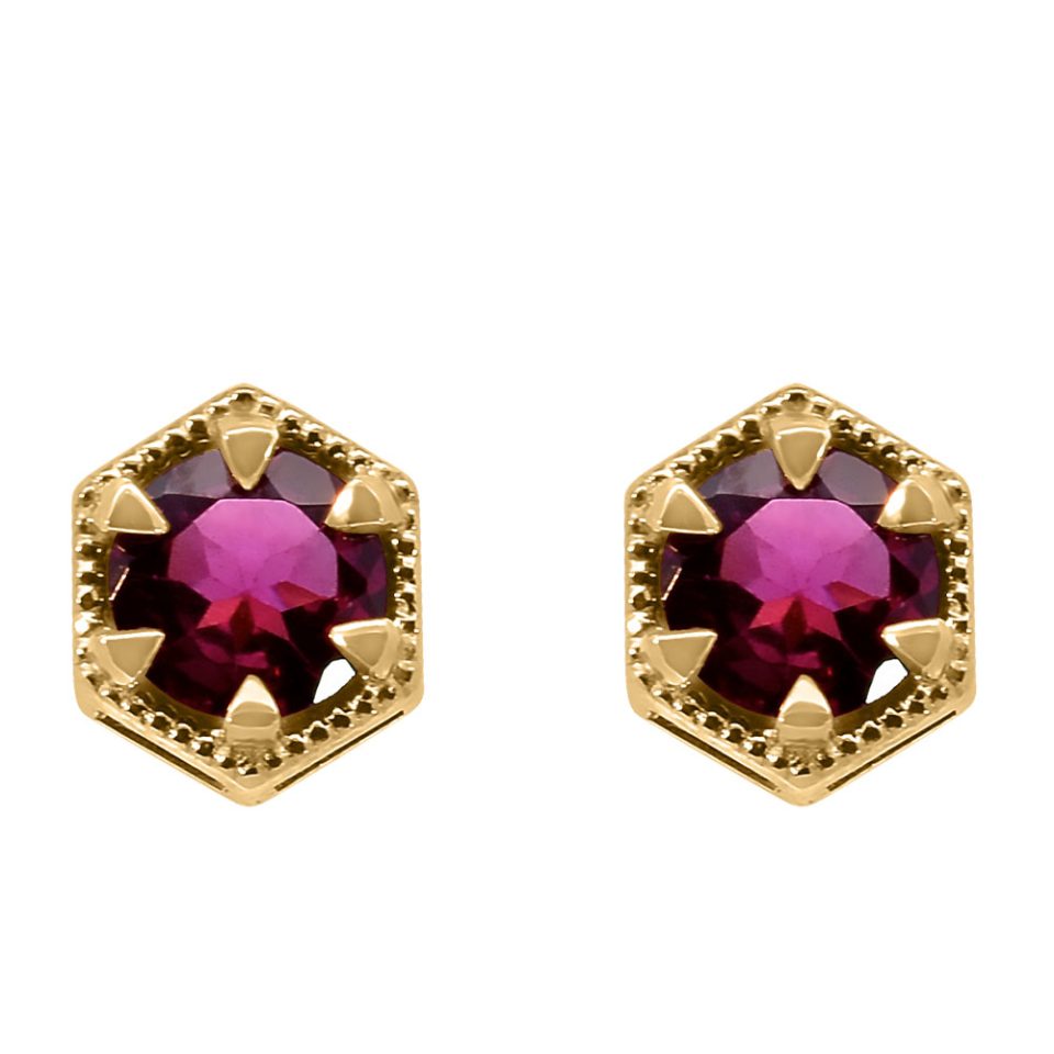 Earrings with 5MM Round Rhodolite Garnet in 10kt Yellow Gold