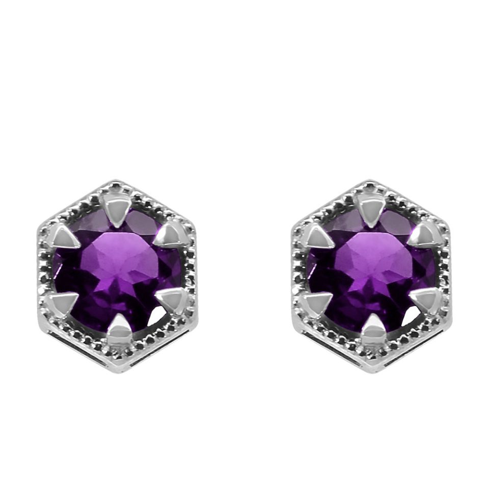 Earrings with 5MM Round Amethyst in 10kt White Gold