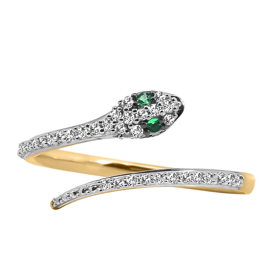Esme Snake Ring with Emerald and .25 Carat TW of Diamonds in 10kt Yellow Gold
