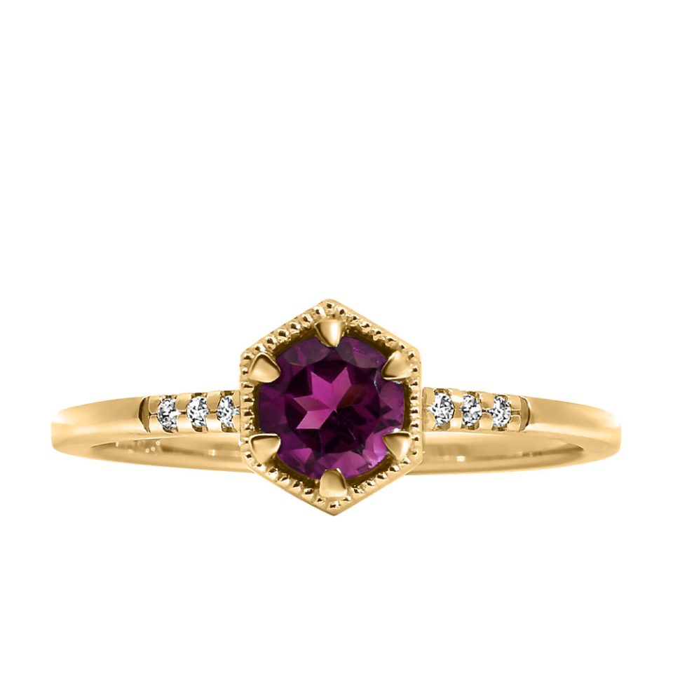Ring with 5MM Round Rhodolite Garnet and .03 Carat TW of Diamonds in 10kt Yellow Gold
