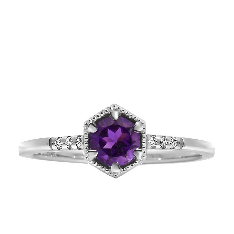 Ring with 5MM Round Amethyst and .03 Carat TW of Diamonds in 10kt White Gold