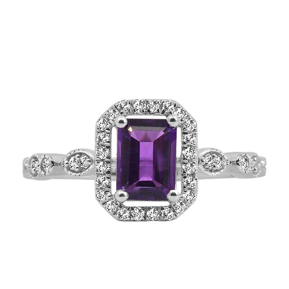 Ring with 7X5MM Emerald Cut Amethyst and .25 Carat TW of Diamonds in 14kt White Gold