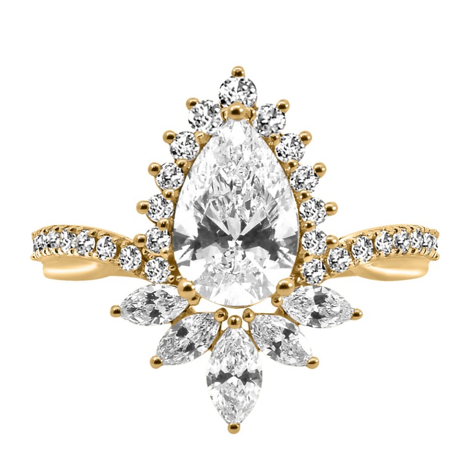 Pear Shape Halo Engagement Ring with 2.30 Carat TW of Lab Created Diamonds in 14kt Yellow Gold