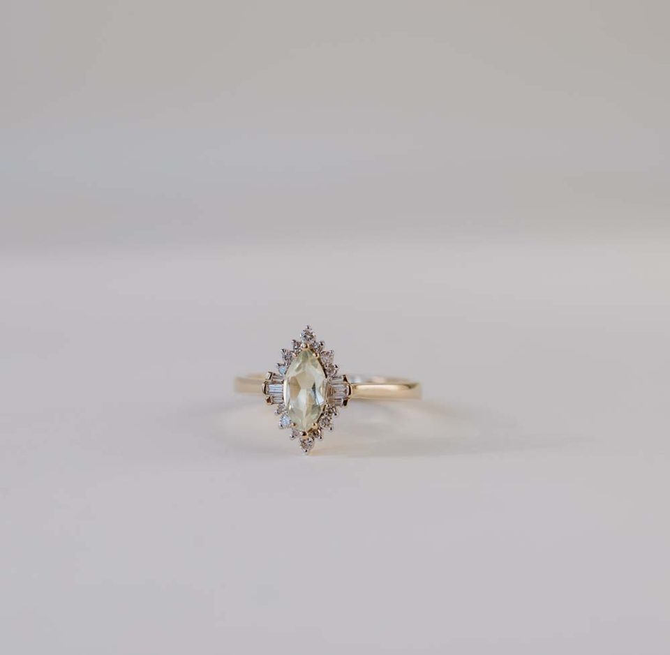 Marquise Cut Green Amethyst with diamonds ring in 14 kt gold