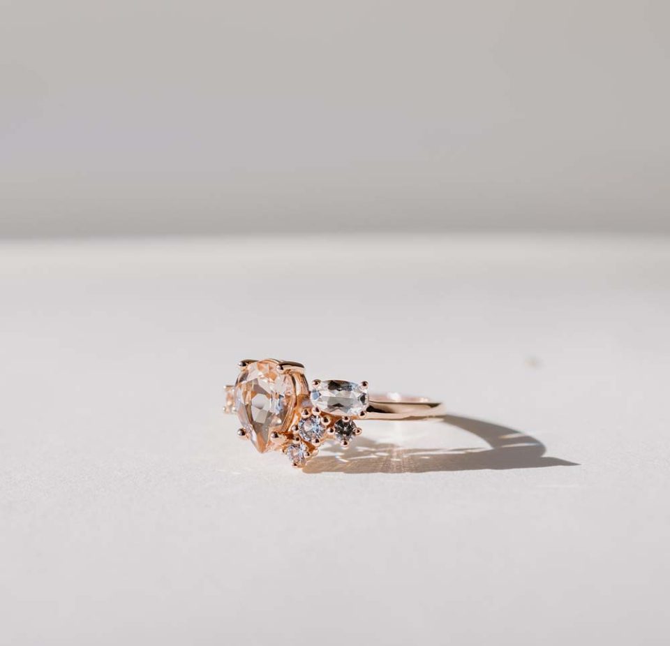 Pear Shape Morganite and White Topaz ring in 10kt rose gold