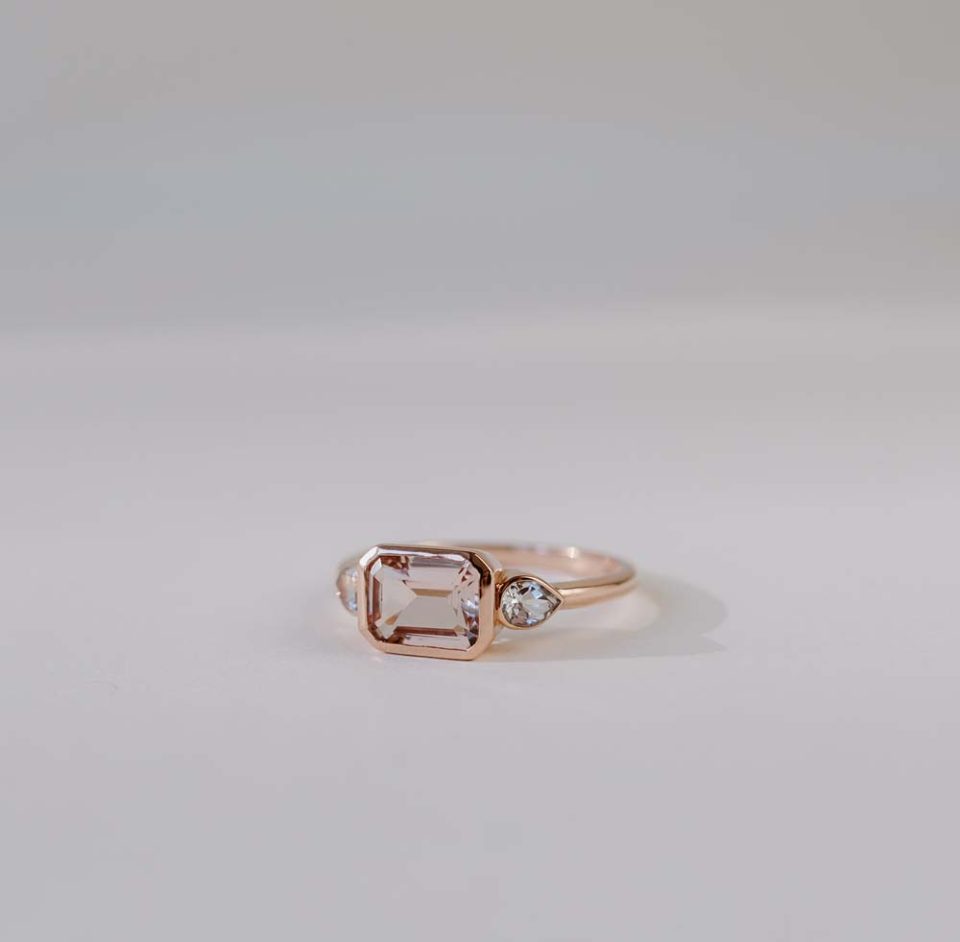 Emerald Cut Morganite and White Topaz Ring in 10kt rose gold