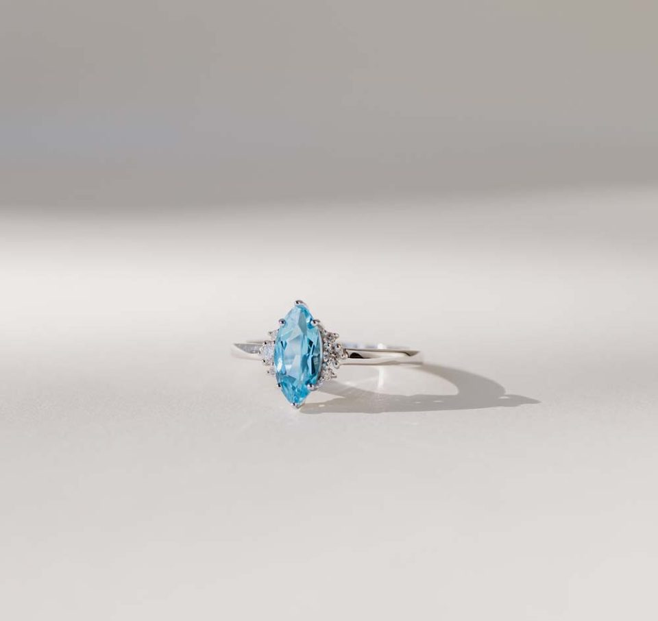 Marquise Cut Swiss Blue Topaz and diamonds ring