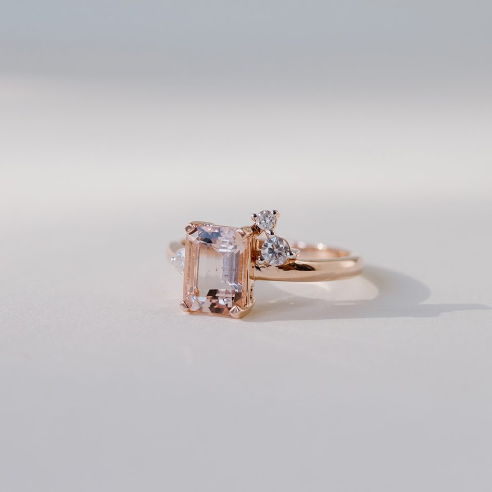 Morganite Emerald and diamond rose gold ring