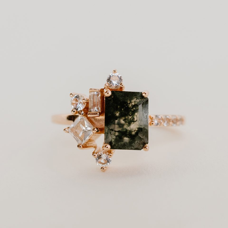 Ring with 8x6MM Moss Agate and White Topaz