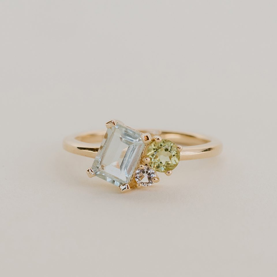 Ring with Green Amethyst, Peridot and White Topaz