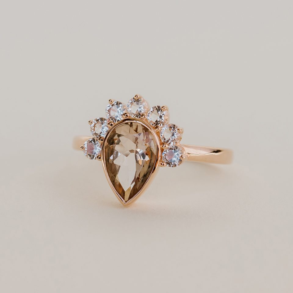 Ring with Pear Shaped Morganite and White Topaz