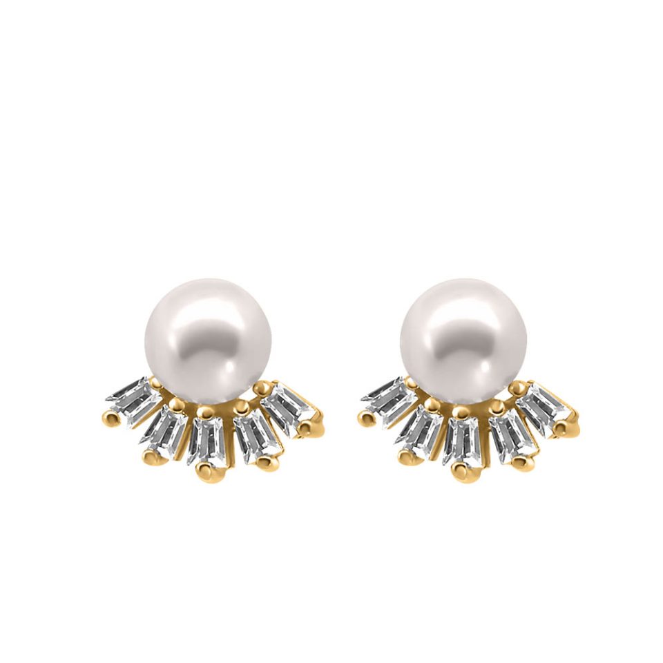 Earrings with 6MM Pearl and Baguette Cubic Zirconia in Gold Plated Sterling Silver