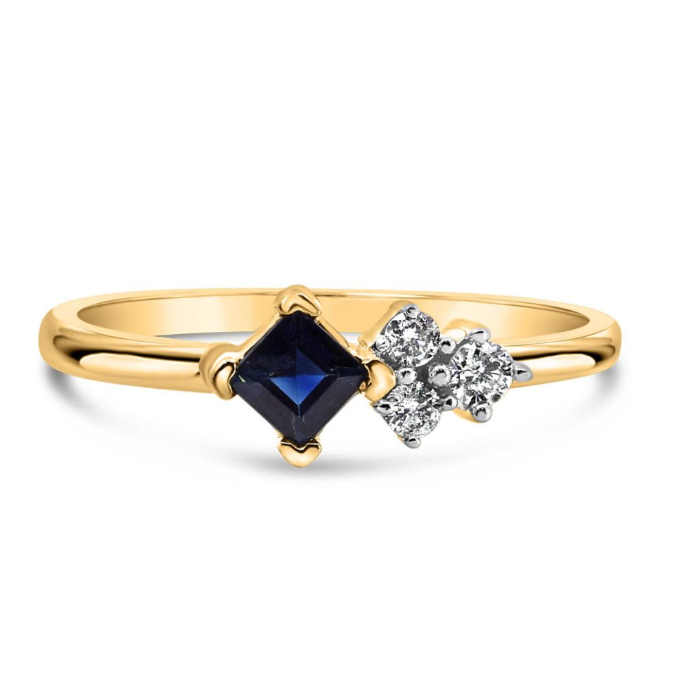 Princess Cut Blue Sapphire Ring with .10 carat TW Diamonds in 10kt Yellow Gold