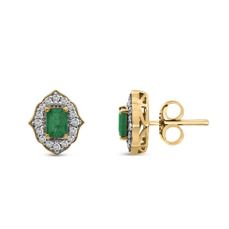 4X3MM Emerald Earrings with .14 Carat TW in 10kt Yellow Gold