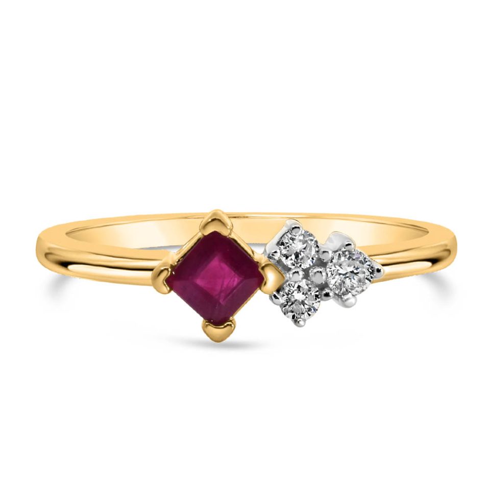 Princess Cut Ruby Ring with .10 carat TW Diamonds in 10kt Yellow Gold