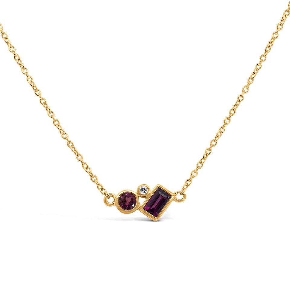 16"-18" Necklace with White Topaz, Pink Tourmaline and Rhodolite in 10kt Yellow Gold