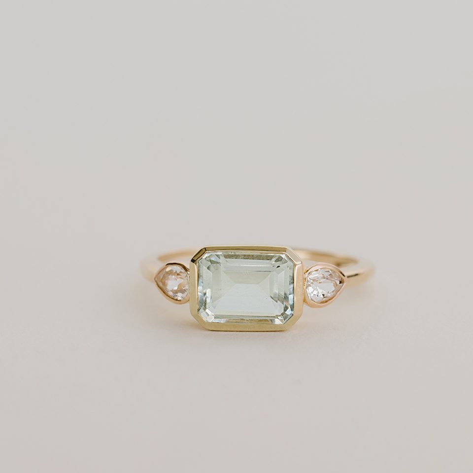 Ring with Emerald cut, Green Amethyst, & Pear Shaped White Topaz