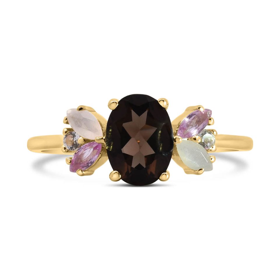 Ring with Smoky Quartz, Moonstone, Pink Sapphire and White Topaz in 10kt Yellow Gold