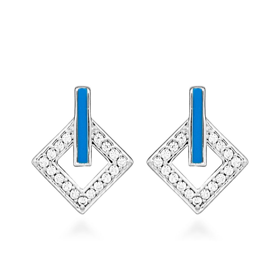Earrings with Cubic Zirconia and Teal Enamel in Sterling Silver