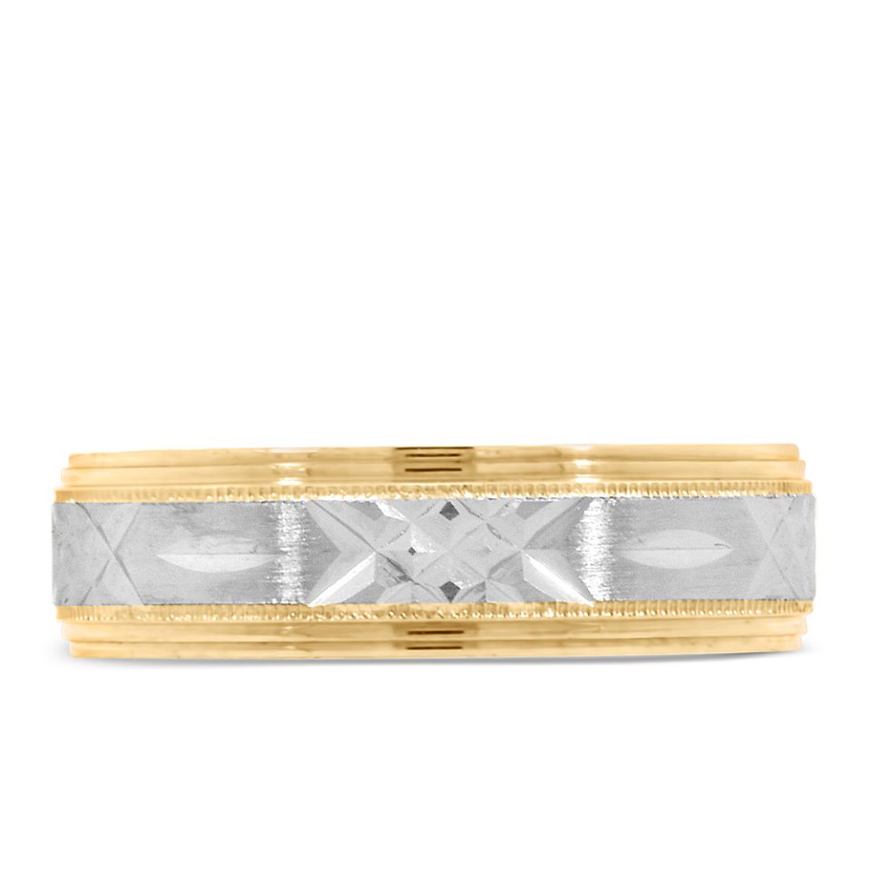 6MM Diamond Cut Comfort Fit Wedding Band in White and Yellow Gold