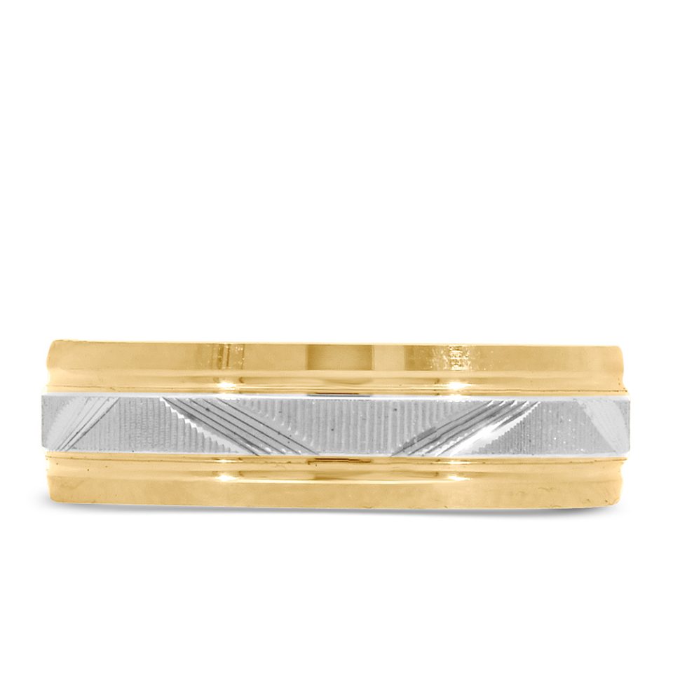 6MM Diamond Cut Comfort Fit Wedding Band in White and Yellow Gold